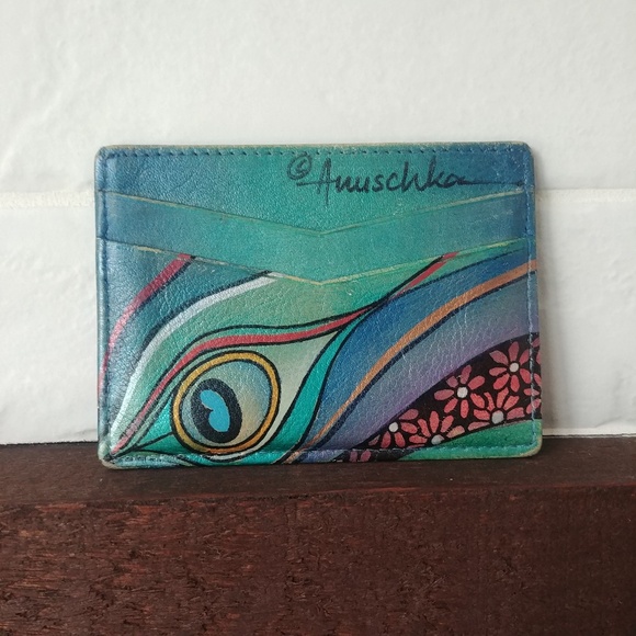 Anuschka Handbags - Anuschka hand painted real leather peacock blue card holder wallet